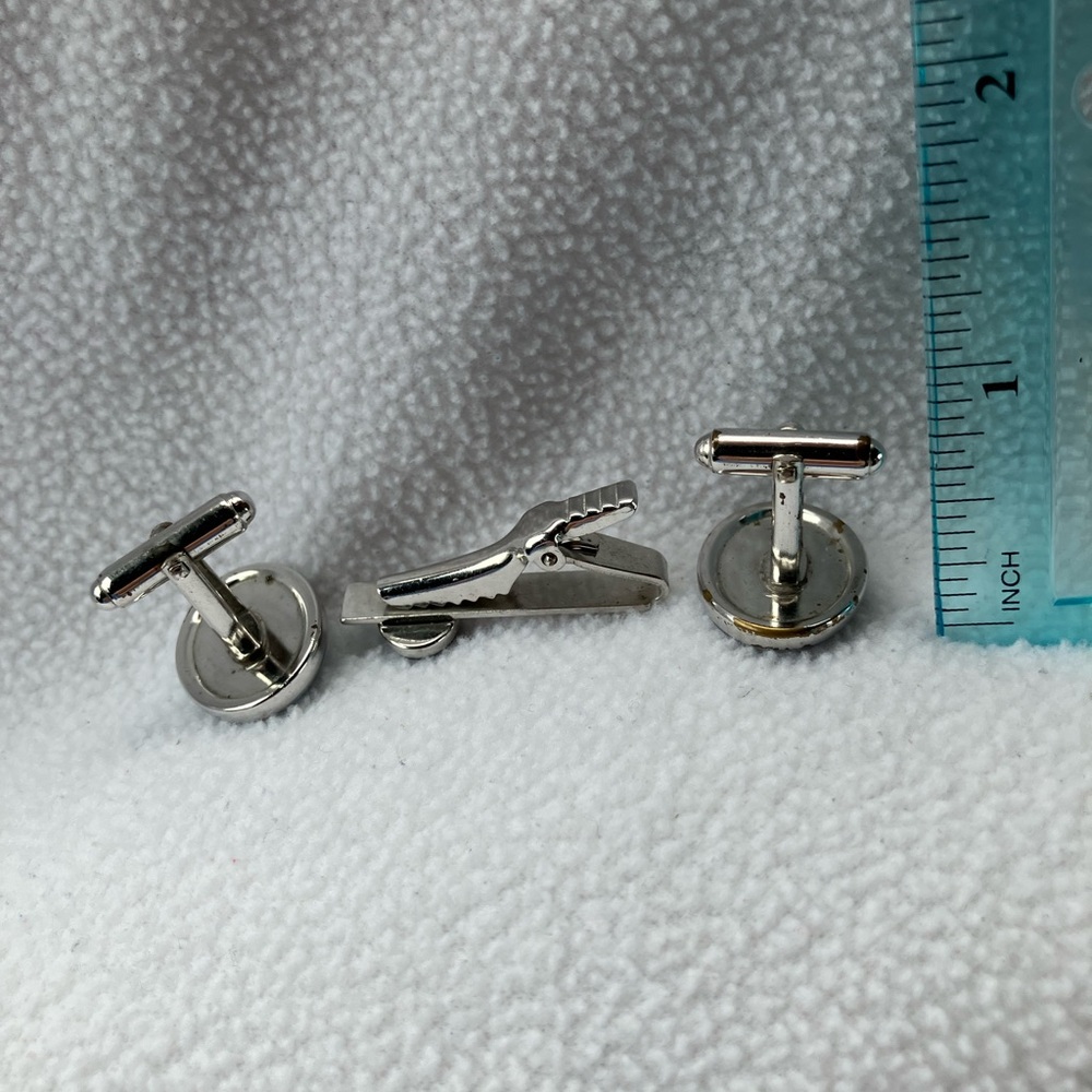 Vintage Silver Color Oval Monogram Cufflinks and Tie Clip Set - E or C Initial - Picture 9 of 11